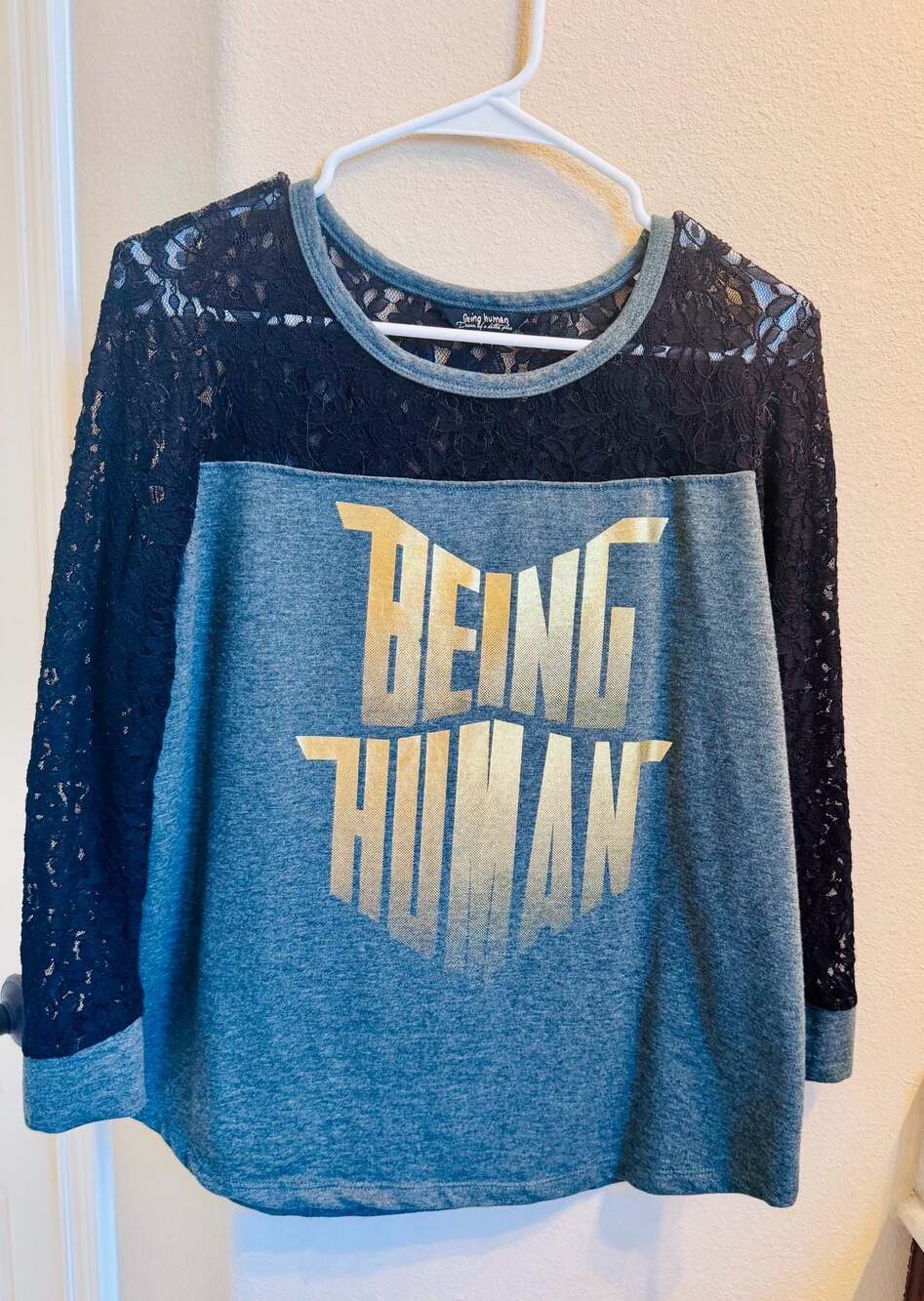 Being Human Black Lace-Panel Long Sleeve Top with 'Being Human' Gold Text